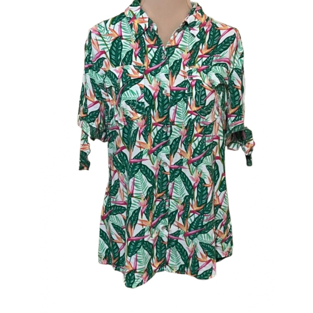 True Religion Tropical SS Button Up Shirt Pockets PTP21’ Tie Sleeve Lightweight